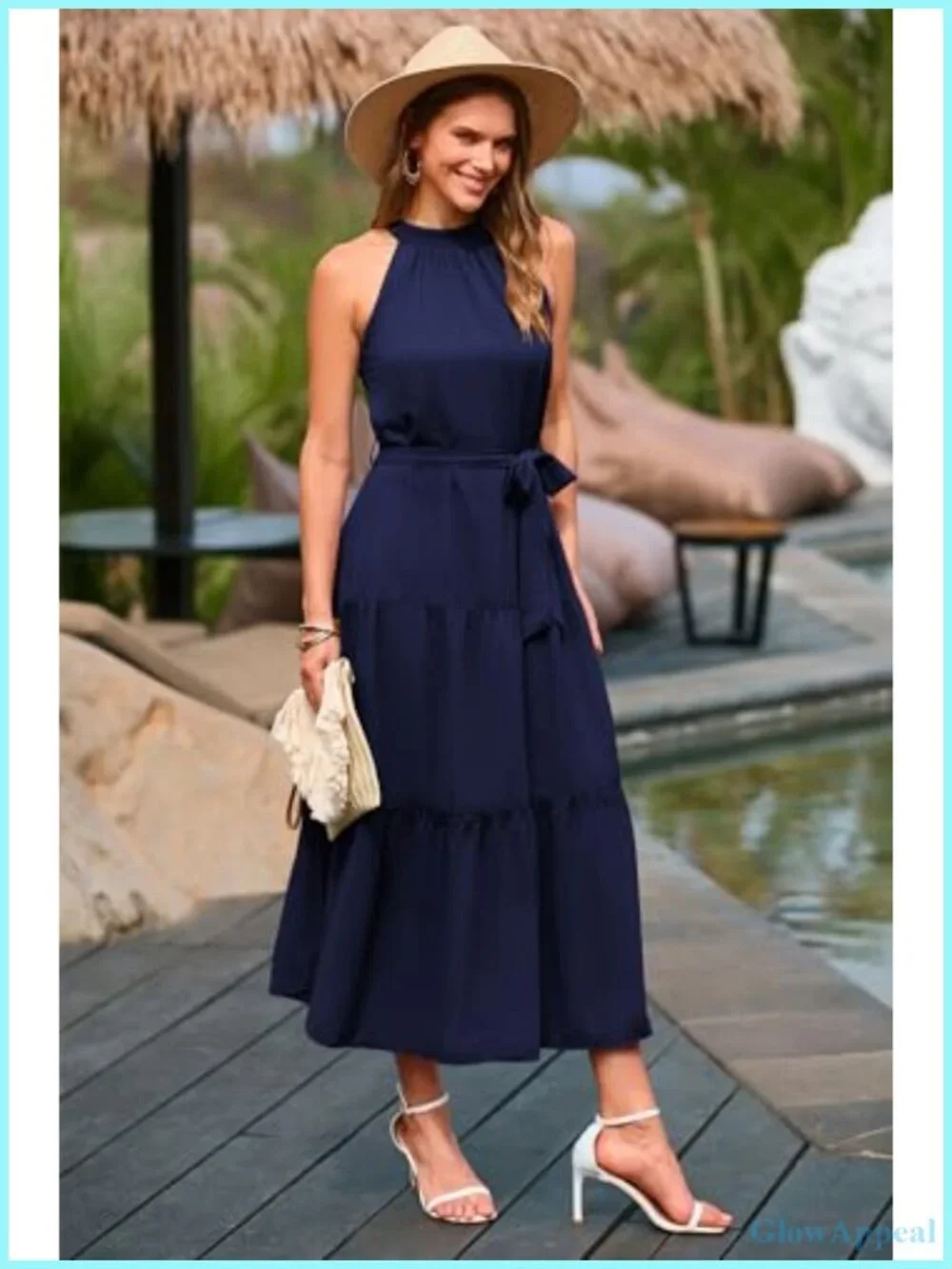 Sleeveless Halter Maxi Dress with Belt - Flowy Tiered Ruffle Boho Sundress
